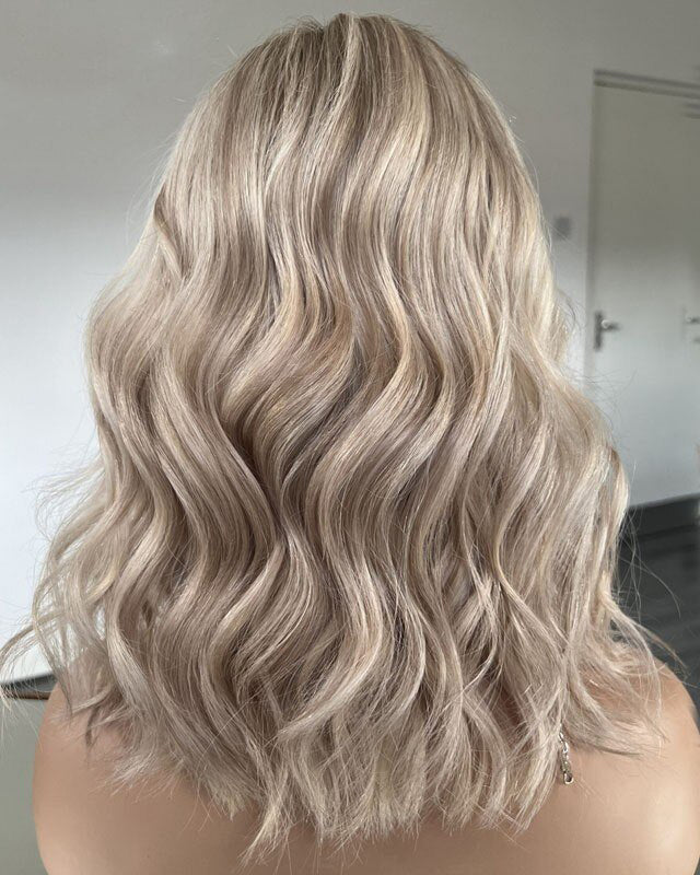 Short Bob Highlights Platinum Blonde Lace Front Wigs Real Human Hair Golden Color Wigs