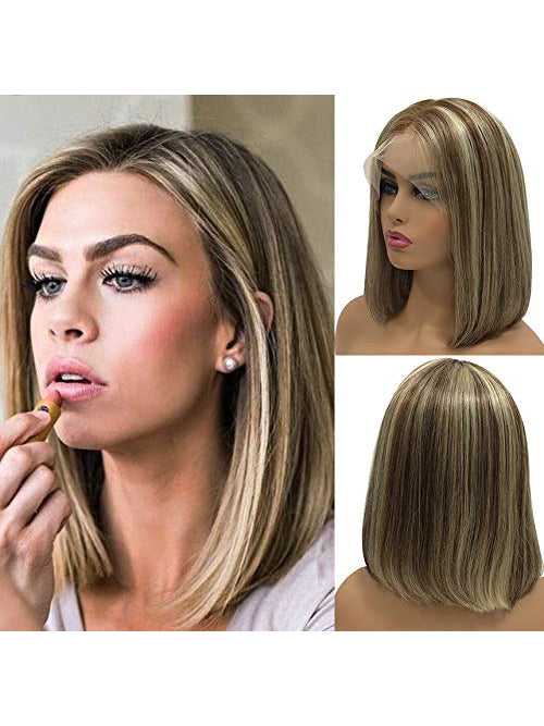 Brown Highlights Blonde human Lace Front Wigs Short Bob Balayage Wigs