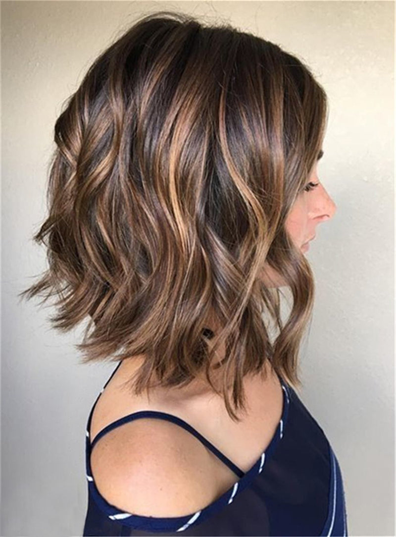 Mixed Color Bob Wavy Human Wigs Short Bob Lace Front Wigs Brown Highlight Wigs for Women