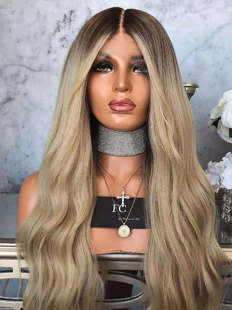 Ash Blonde Long Wavy Wigs Virgin Human Hair Wigs for Women Rooted Highlights Wavy Lace Front Wig