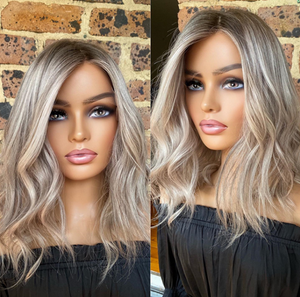 Ombre Wavy Ash Blonde Human Hair Wigs Lace Frontal Highlights Lace Wigs