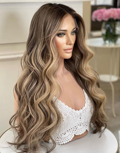 Ash Blonde Luxury Human Hair Wigs With Balayage Wavy Lace Front Human Hair