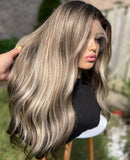 Ombre Ash Blonde Lace Front Wigs Dark Roots Blonde Balayage Highlight Human Hair