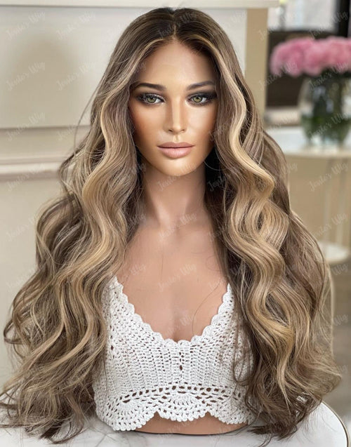 Ash Blonde Luxury Human Hair Wigs With Balayage Wavy Lace Front Human Hair