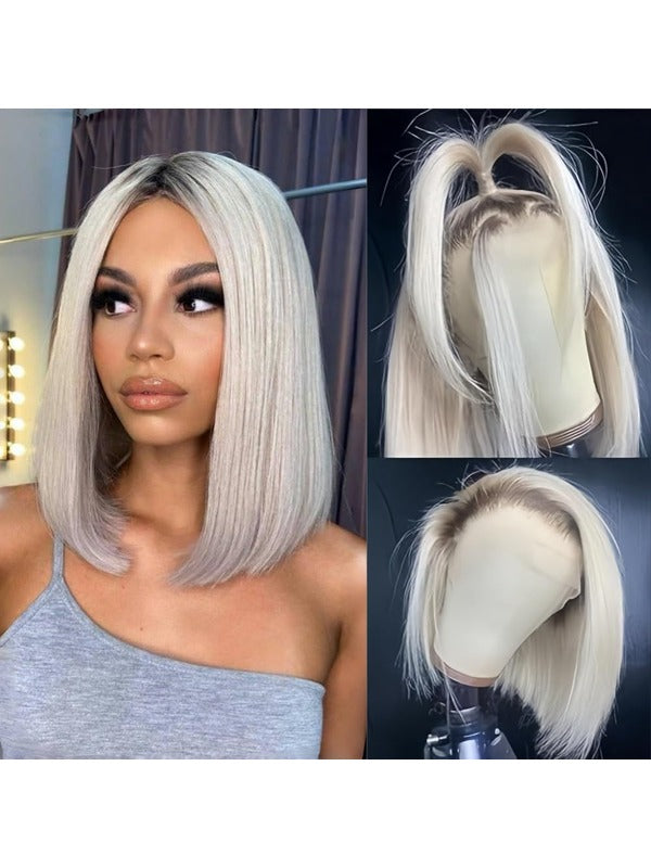 Short Ombre Platinum Blonde Straight Glueless Bob Wigs with Baby Hair