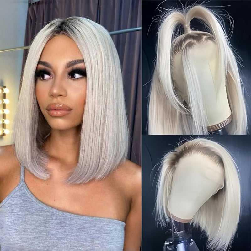 Short Ombre Platinum Blonde Straight Glueless Bob Wigs with Baby Hair