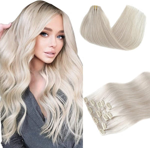 Ice White Real Human Hair Hair Clip in Hair Extensions