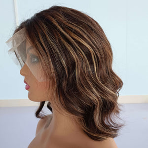 Mixed Color Bob Wavy Human Wigs Short Bob Lace Front Wigs Brown Highlight Wigs for Women