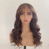 Long Wavy Brown mixed Human Lace Front Wigs With Bangs Remy Natural Wigs