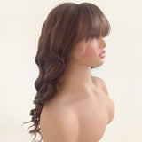 Long Wavy Brown mixed Human Lace Front Wigs With Bangs Remy Natural Wigs