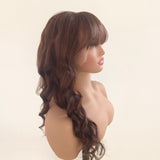 Long Wavy Brown mixed Human Lace Front Wigs With Bangs Remy Natural Wigs