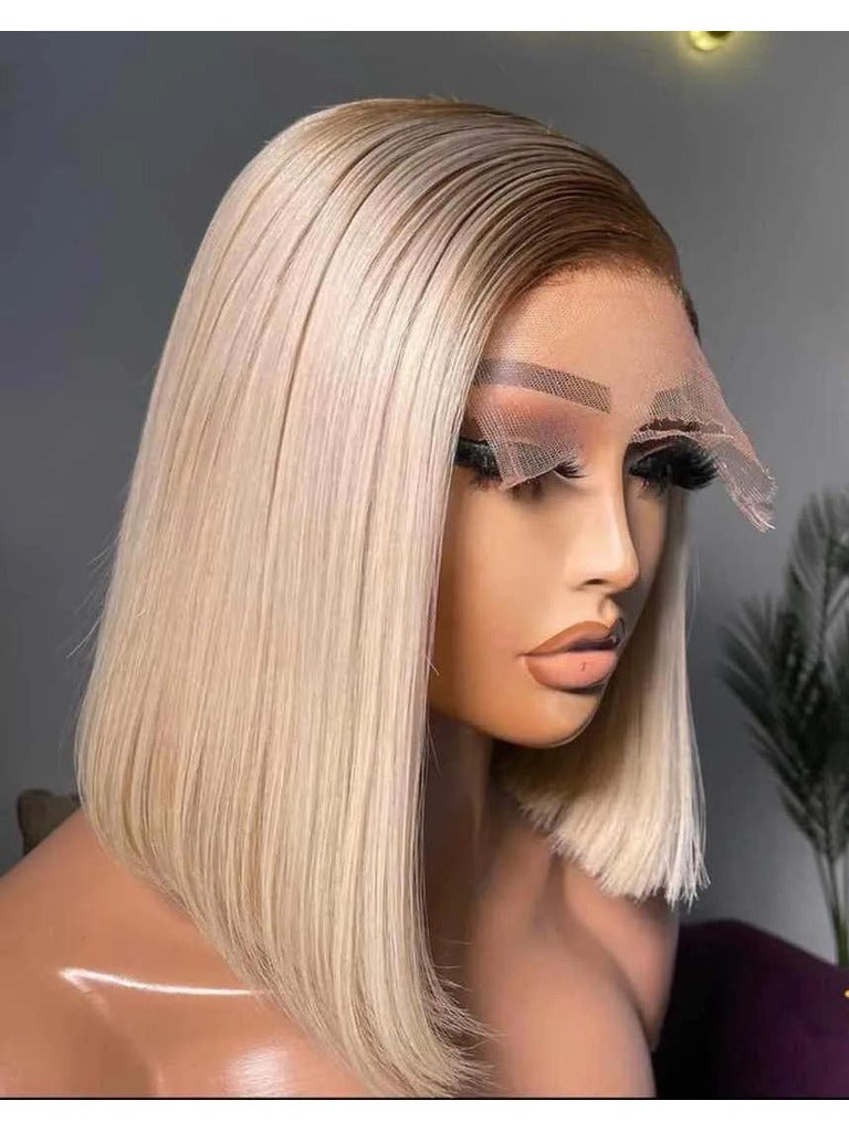 Dark Roots to Platinum Blonde Straight Blonde Ombre Lace Front Bob Wig