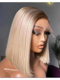 Dark Roots to Platinum Blonde Straight Blonde Ombre Lace Front Bob Wig