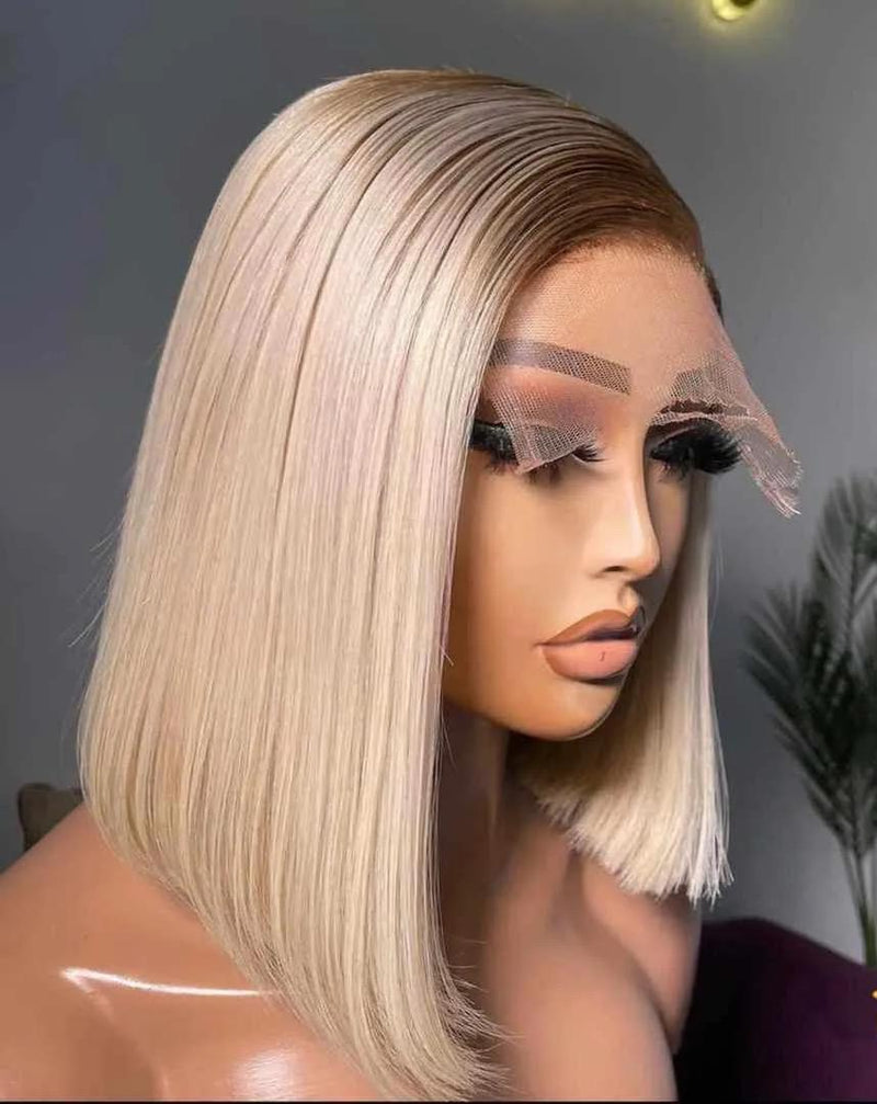 Dark Roots to Platinum Blonde Straight Blonde Ombre Lace Front Bob Wig