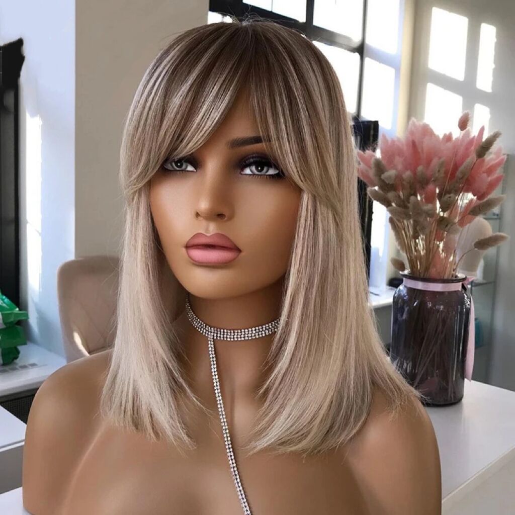 New in Short Bob Straight Human Hair Wig with Bangs Ombre Ash Blonde Lace Front Wigs