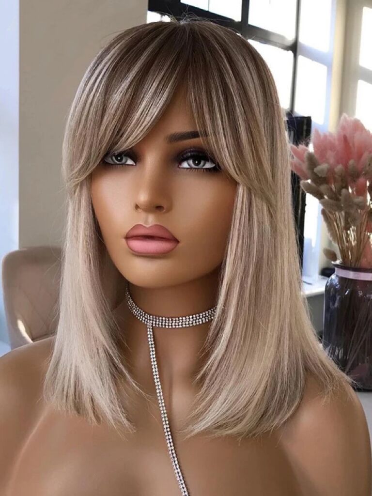 New in Short Bob Straight Human Hair Wig with Bangs Ombre Ash Blonde Lace Front Wigs
