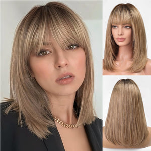 Ombre Blonde Brown Human Hair Wigs for White Women Layered Straight Hair Wig with Bangs