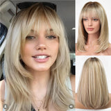 Ombre Blonde Brown Human Hair Wigs for White Women Layered Straight Hair Wig with Bangs