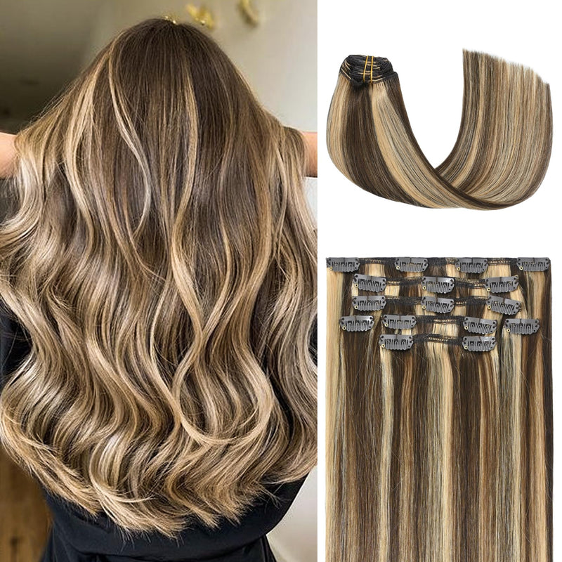 Blonde Highlight Real Human Hair Balayage Clip In Hair Extension