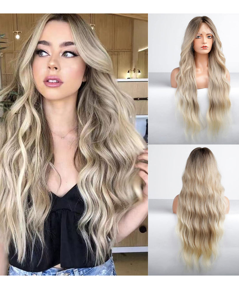 Ombre Blonde Highlight Long Wavy Human Lace Front Wigs Preplucked Hairline