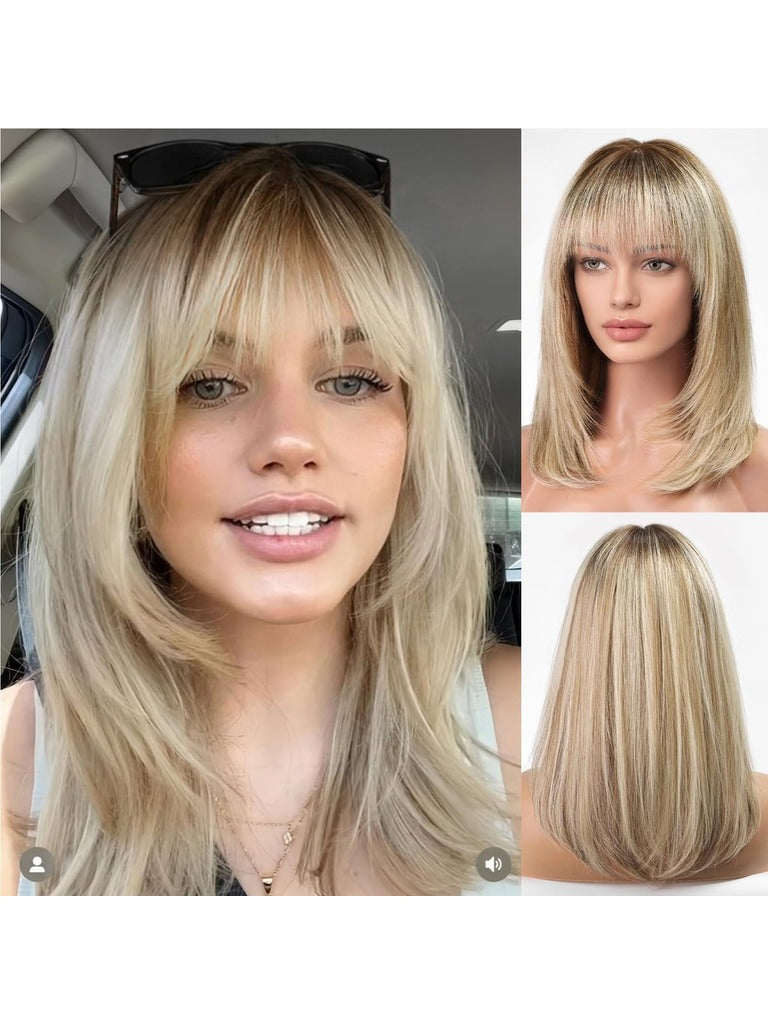Ombre Blonde Brown Human Hair Wigs for White Women Layered Straight Hair Wig with Bangs