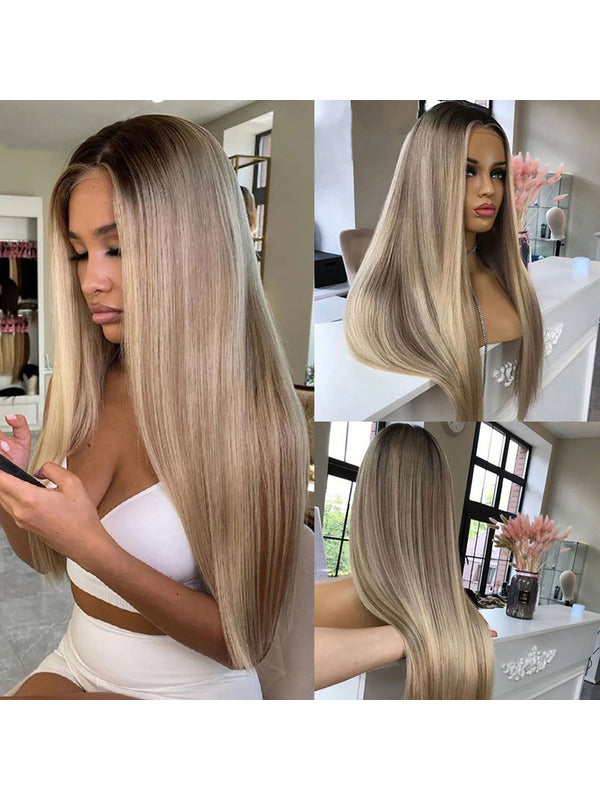 Ombre Ash Blonde Highlights Human Hair Wigs with Dark Roots