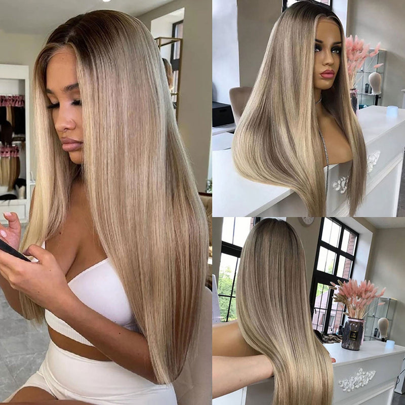 Ombre Ash Blonde Highlights Human Hair Wigs with Dark Roots