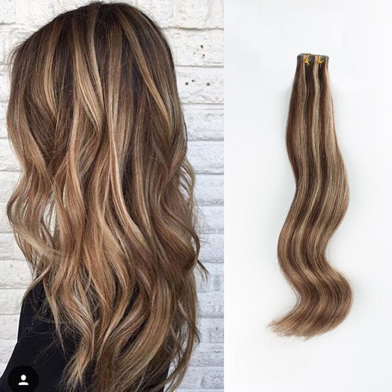 Tape In Hair Extension P #3/#12 Medium Brown Highlights Golden Brown