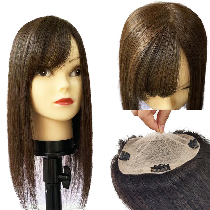 Skin Base Human Hair Topper with Side Bangs Silk Top For Hair Loss