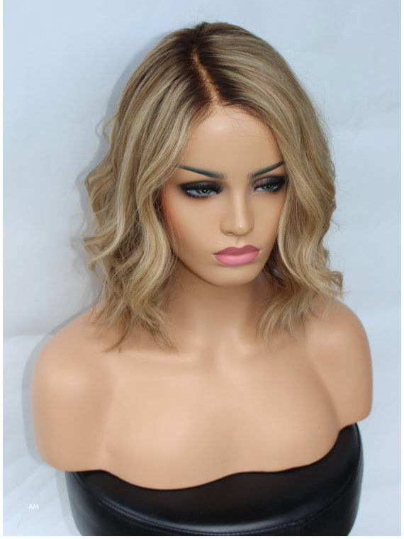 Short Blonde Human Hair Wigs Ombre Blonde Wavy Human Wigs 150% density Preplucked 360 wigs