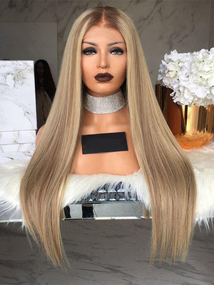 Long Straight Ombre Blonde Highlight Human Lace Front Wigs Preplucked Hairline with Baby Hair