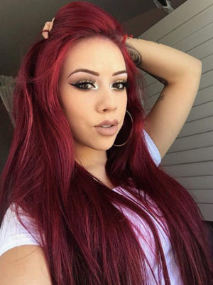 Long Straight Burgundy Red Human Lace Front Wigs Pre Plucked Glueless Wigs