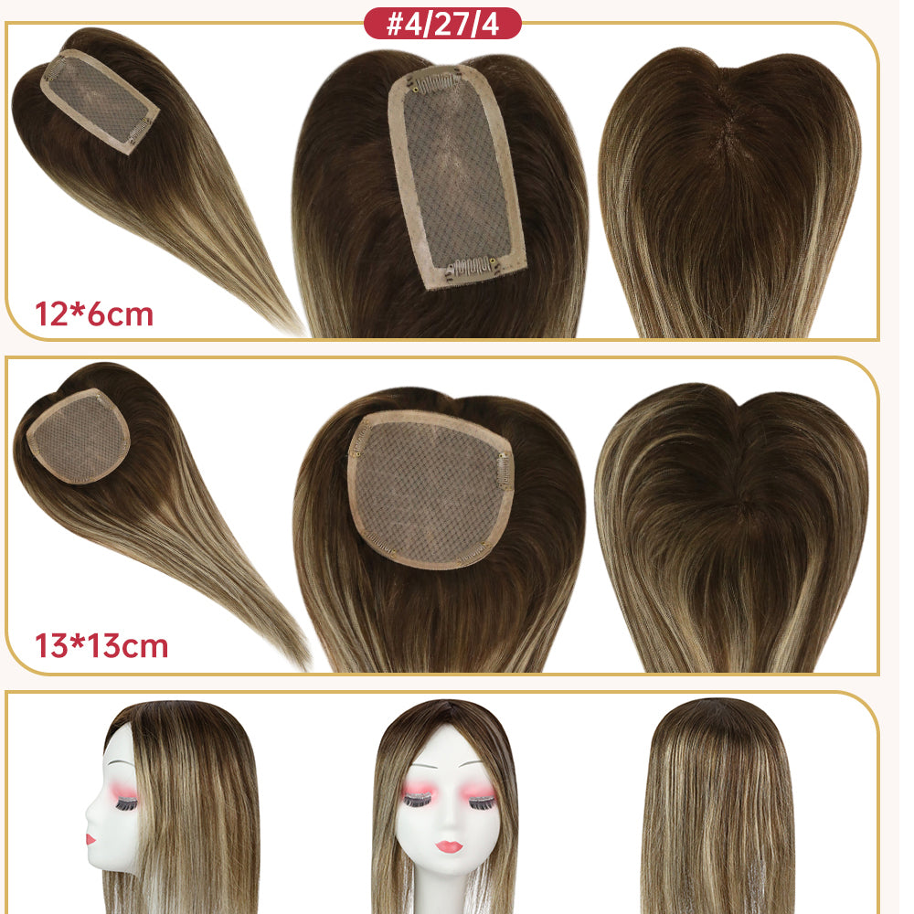 Ombre Mono Base Hair Toppers with Clips for Women Remy human Hair Piece With Clips For Hair Loss or Thin Hair