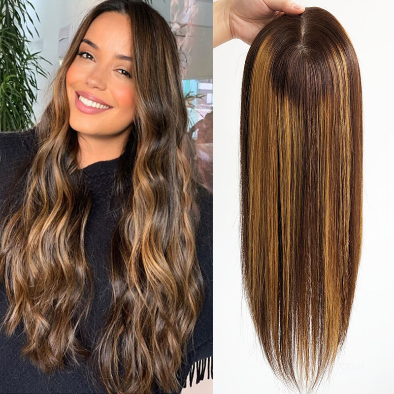 Ombre Silk Base Hair Toppers for Women Brown Highlights 100% Human Hair