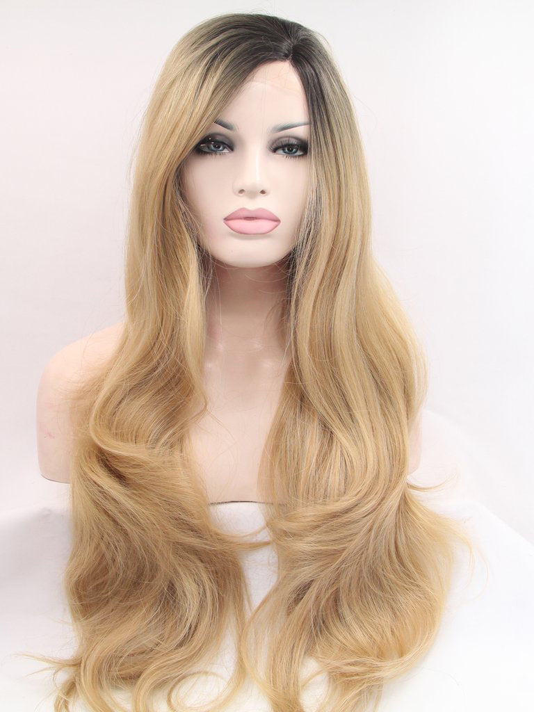 Long Wavy Ombre blonde Synthetic Lace Front Wigs