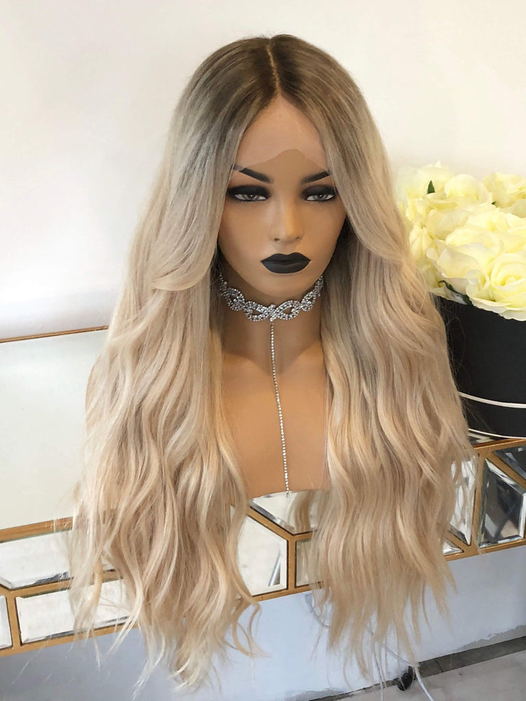 Long Wavy Ombre Blonde Preplucked 100% Human Lace Front Wigs 2 tones 360 Lace Wigs