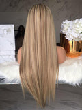 Long Straight Ombre Blonde Highlight Human Lace Front Wigs Preplucked Hairline with Baby Hair