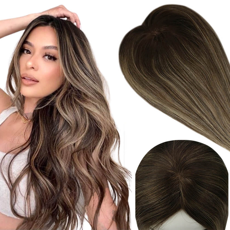 Ombre Hair Toppers with Clips Mono Base Brown Highlights For Hair Loss