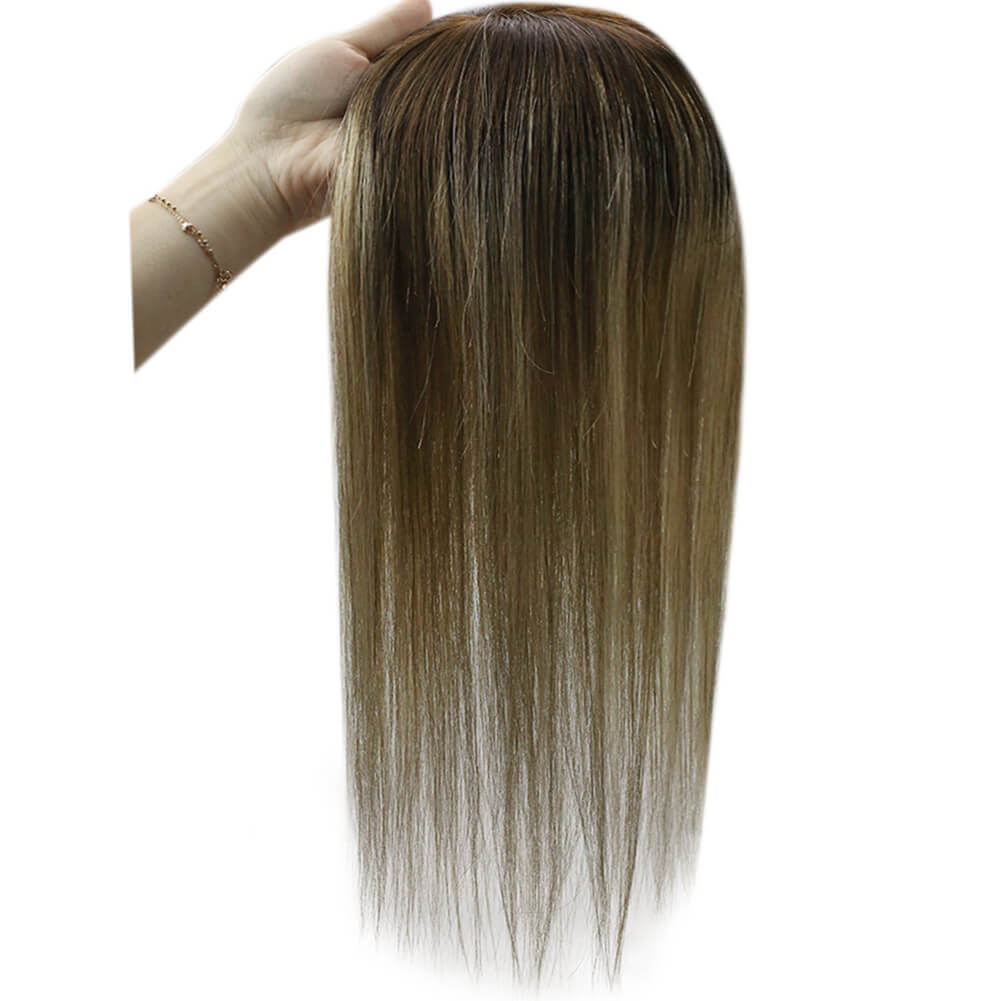 Ombre Hair Toppers with Clips for Women Mono Base Brown with Blonde Highlights wigs For Hair Loss or Thin Hair