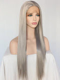 Long Straight Silver Grey Synthetic Lace Front Wigs