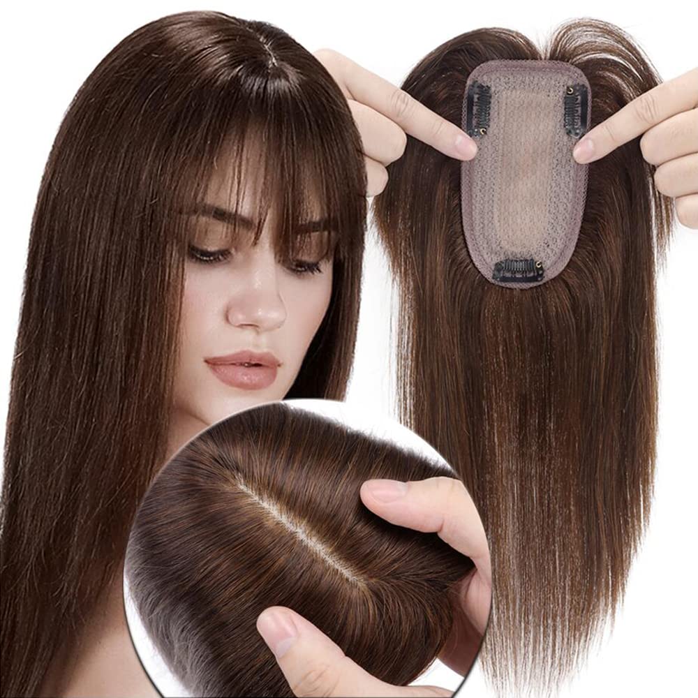 Silk Base Topper Human Hair for Women with Bangs Clip in Toppers for Thinning Hair