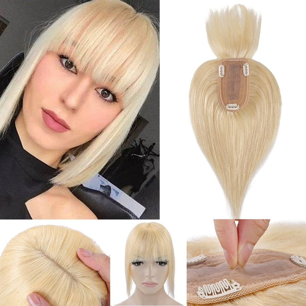 Human Hair Topper Hair Piece with Bangs Silk Base Topper for Women