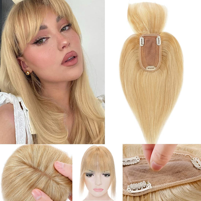 Human Hair Topper Hair Piece with Bangs Silk Base Topper for Women