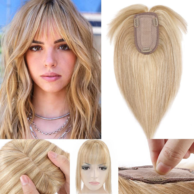 Human Hair Topper Hair Piece with Bangs Silk Base Topper for Women