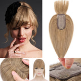 Human Hair Topper Hair Piece with Bangs Silk Base Topper for Women