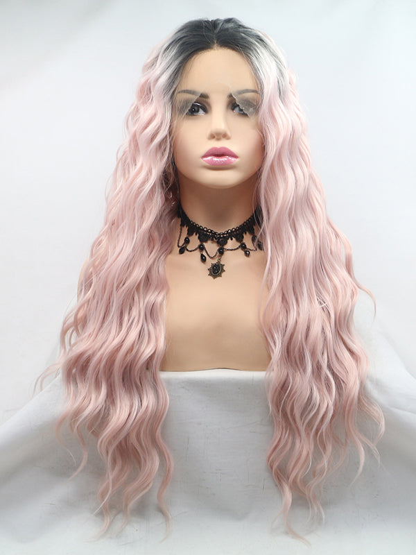 Long Ombre Pink Wavy Synthetic Lace Front Wigs