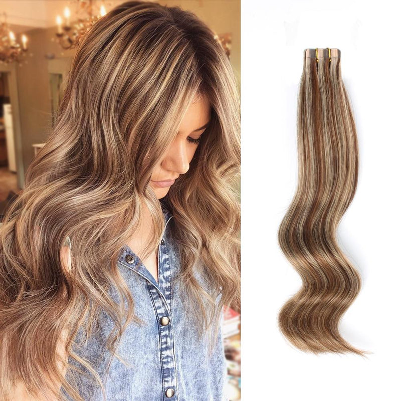 Tape In Hair Extension P #4/#12 Medium Brown Highlights Golden Brown