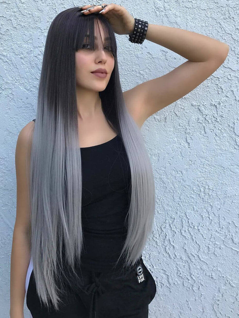 Ombre Grey Synthetic Lace Front Wig with Bangs