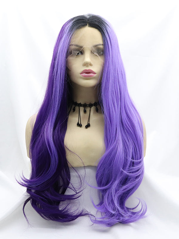 Purple Ombre Black Long Wavy Synthetic Lace Front Wig