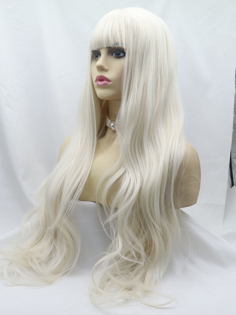 Long White Blonde Wavy Synthetic Wigs with bangs